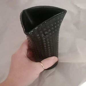MCM McKee Style Pressed Black Glass Art Deco Basket Grid Stipple Vase
